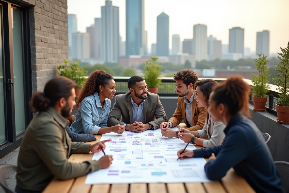 Equipe multiculturelle en brainstorming en extérieur