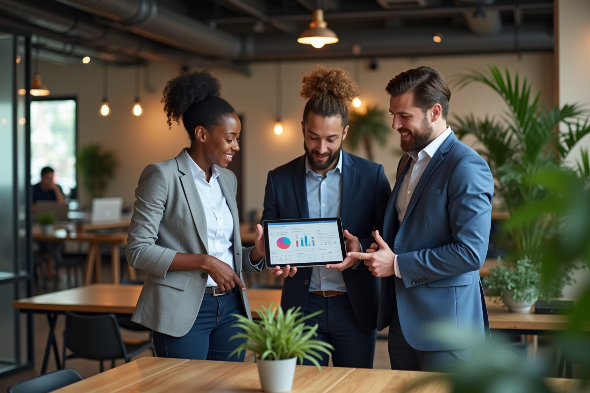 Groupe de professionnels en discussion dans un espace de coworking