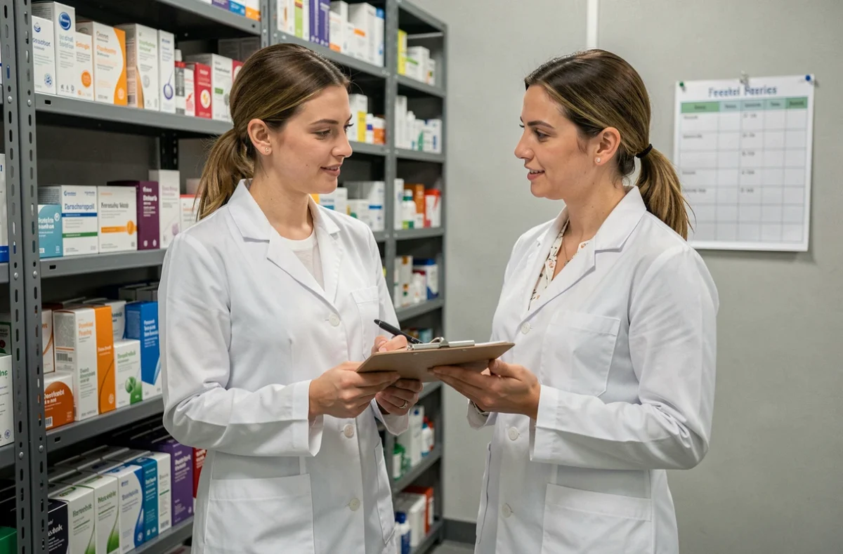 Deux parapharmaciens en blouse blanche discutant de la gestion des stocks dans la réserve d'une parapharmacie