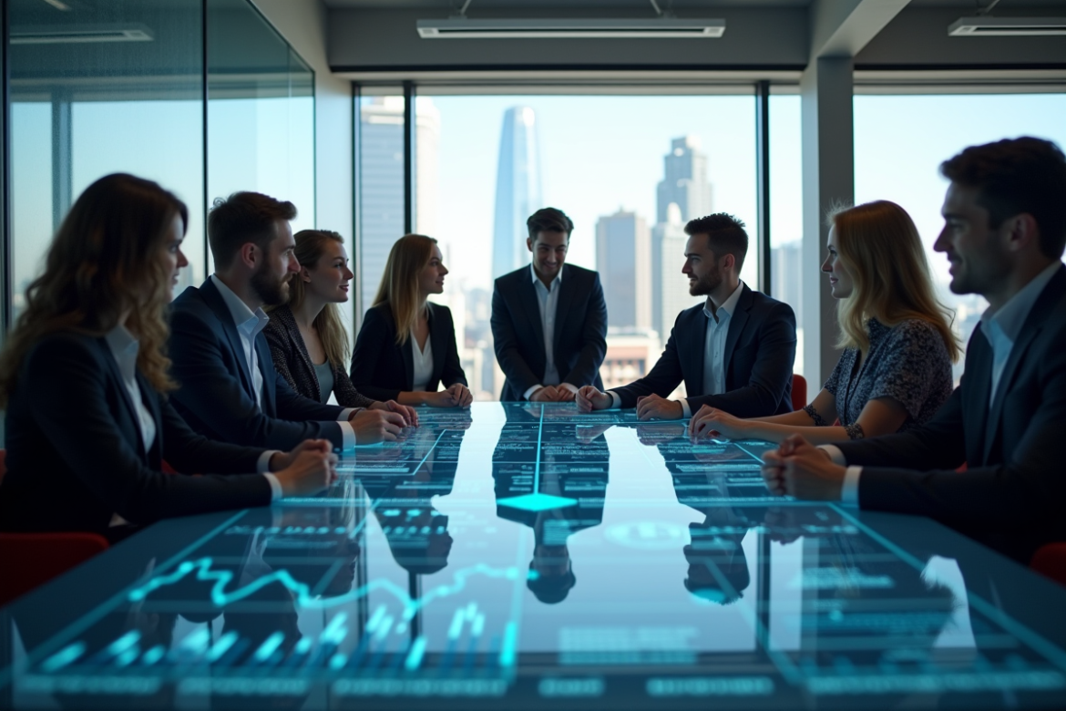 Groupe de professionnels collaborant autour d'une table digitale