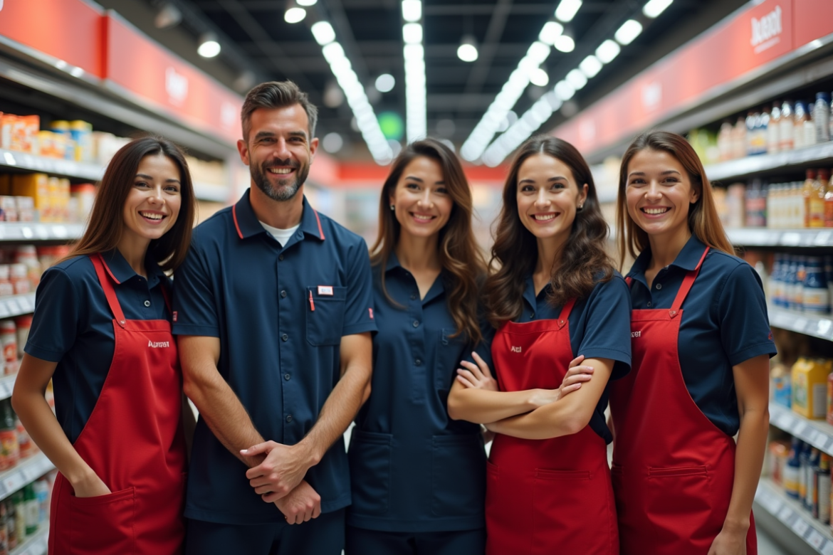 Groupe d'employes souriants dans un supermarche Auchan