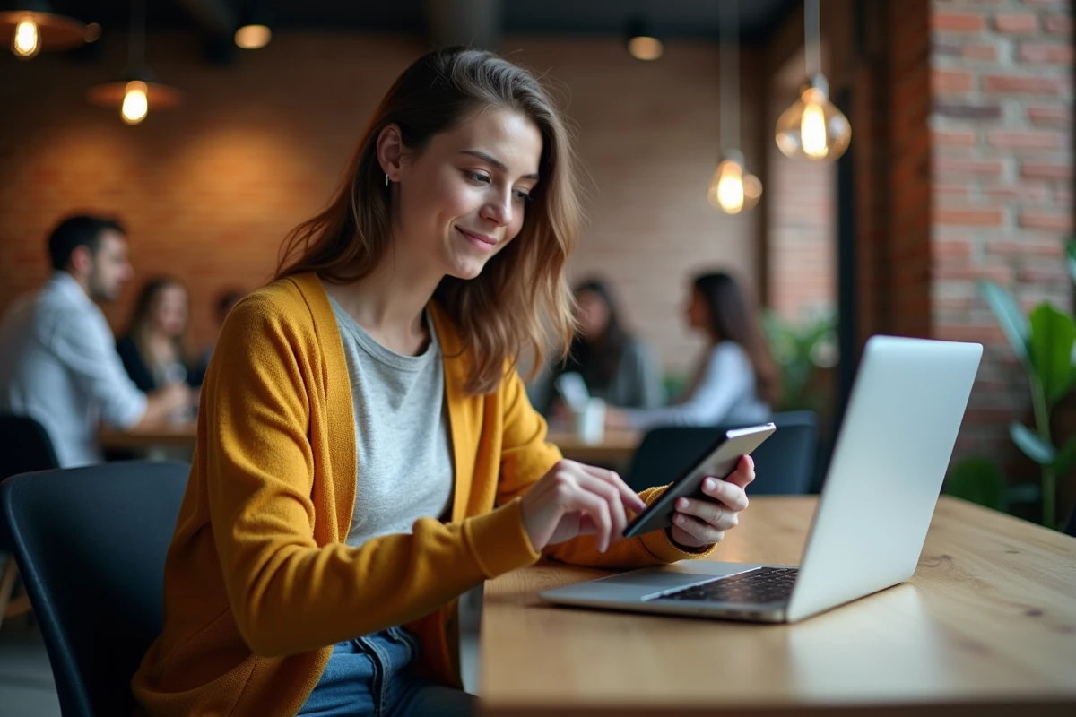 Jeune femme résolvant une erreur de connexion Afpa Metisse avec tablette et ordinateur dans un espace coworking