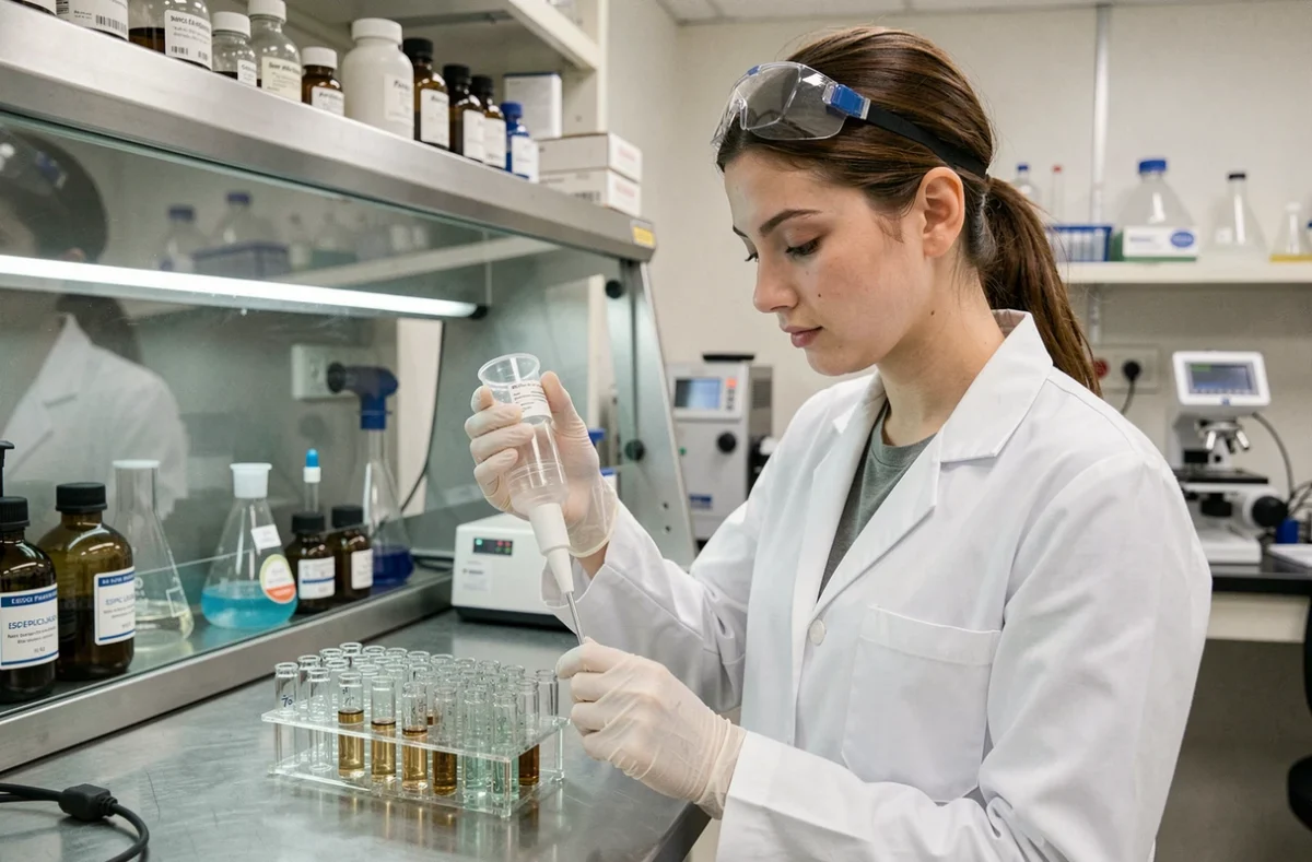 Étudiante en blouse blanche effectuant une manipulation de chimie dans un laboratoire de l'ESPCI Paris