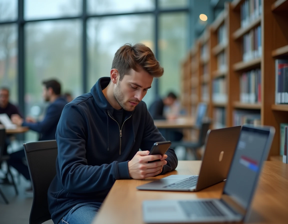 Étudiant en bibliothèque universitaire consultant son téléphone et son ordinateur face à un problème de connexion au portail ENT