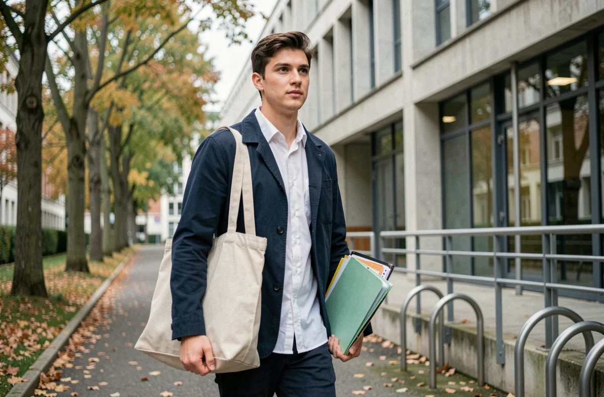 Étudiant de l'Ensamaa marchant sur le campus avec ses affaires de cours