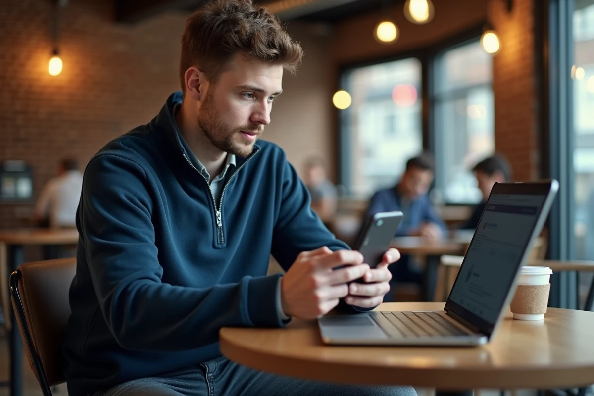Étudiant utilisant Moodle sur mobile dans un café pour réviser ses cours universitaires