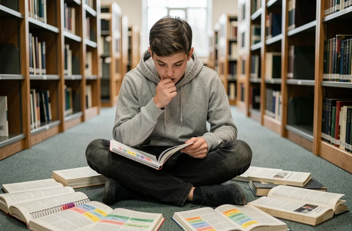 Adolescent étudiant le passé simple dans une bibliothèque entouré de livres de grammaire ouverts