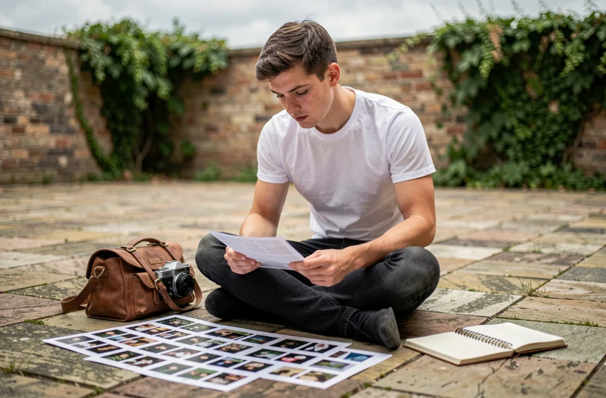 Étudiant en photographie révisant des planches contact imprimées en extérieur dans une cour pavée, entouré de matériel de cours et d'un carnet de notes
