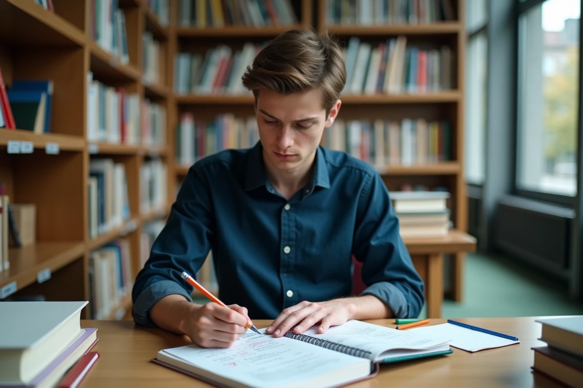 Étudiant en prépa HEC révisant avec un cahier de fiches structurées et des livres de référence dans une bibliothèque universitaire