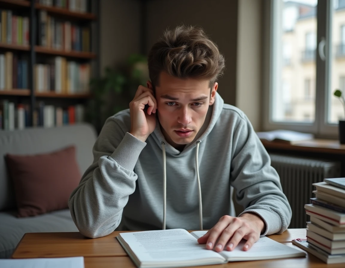 Jeune comédien étudiant son texte à domicile pour préparer l'audition du Cours Florent