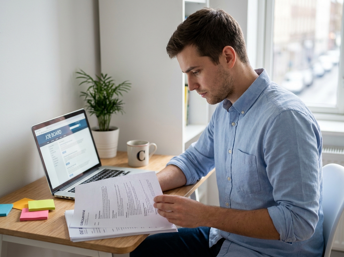 Étudiant révisant son CV pour postuler à un stage depuis son appartement