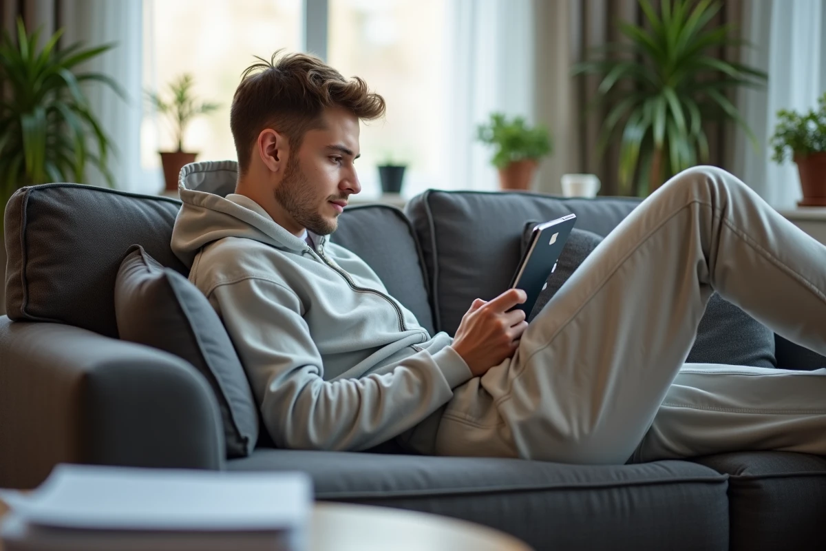 Étudiant utilisant une tablette pour se connecter à distance à l'ENT de l'université Clermont Auvergne depuis chez lui
