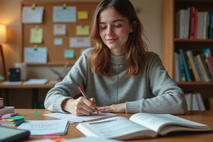 Étudiante en classe préparatoire HEC prenant des notes structurées dans un cahier de prépa sur un bureau en bois organisé