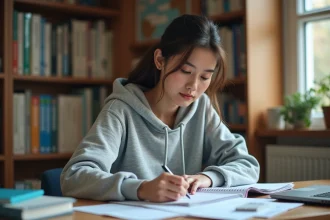 Étudiante calculant sa moyenne avec des cahiers de notes et coefficients sur un bureau en bois
