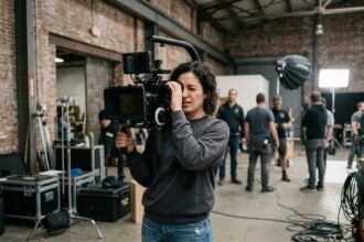 Étudiante en cinéma utilisant une caméra professionnelle sur plateau de tournage dans un studio de formation