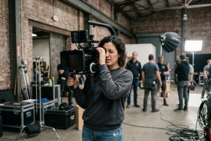 Étudiante en cinéma utilisant une caméra professionnelle sur plateau de tournage dans un studio de formation