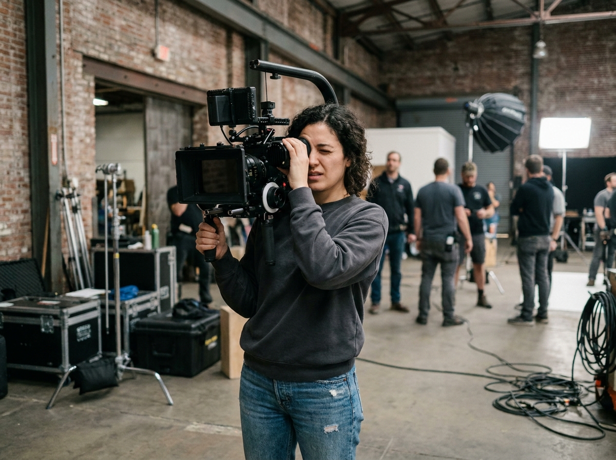 Étudiante en cinéma utilisant une caméra professionnelle sur plateau de tournage dans un studio de formation