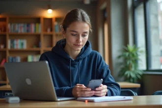 Étudiante configurant l'ENT Unice sur son smartphone dans une salle commune universitaire