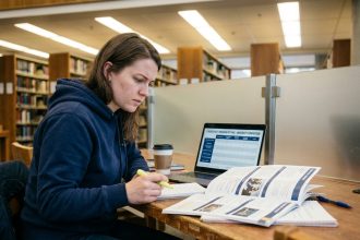 Étudiante en cybersécurité comparant des formations bachelor et mastère dans une bibliothèque universitaire moderne