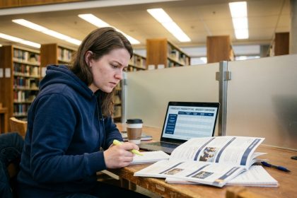Étudiante en cybersécurité comparant des formations bachelor et mastère dans une bibliothèque universitaire moderne