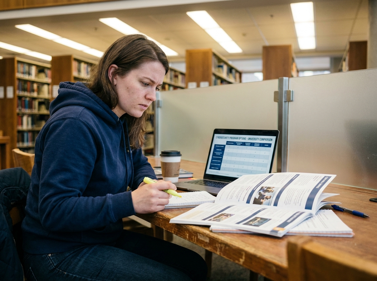 Étudiante en cybersécurité comparant des formations bachelor et mastère dans une bibliothèque universitaire moderne
