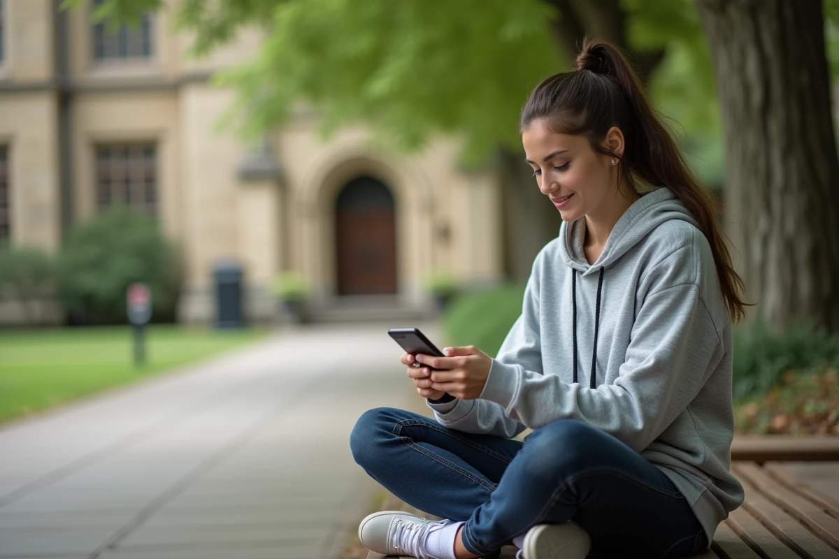 Étudiante consultant ses cours Moodle UHA sur smartphone en plein air sur un campus universitaire