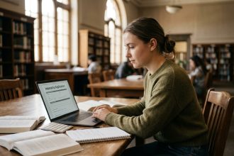 Étudiante cherchant un stage en ligne depuis la bibliothèque universitaire sur son ordinateur portable