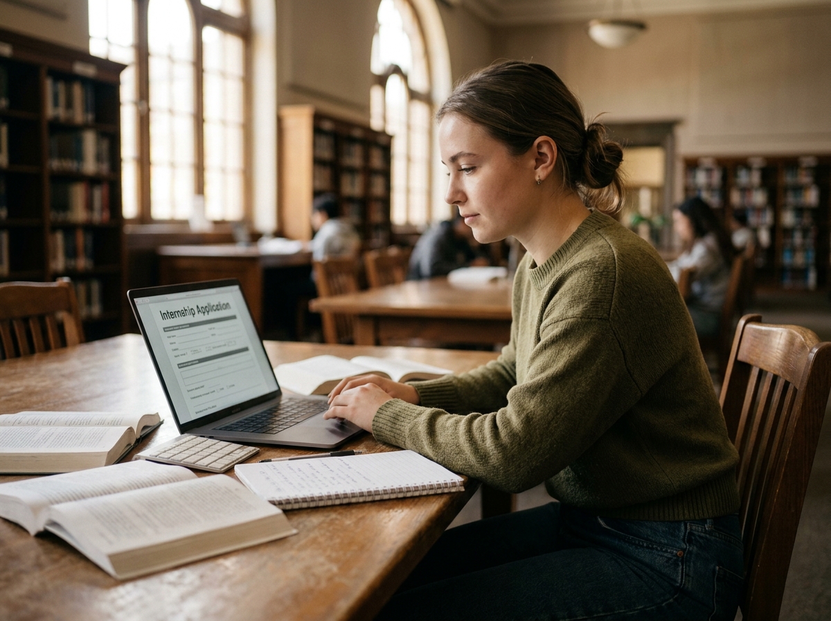 Étudiante cherchant un stage en ligne depuis la bibliothèque universitaire sur son ordinateur portable