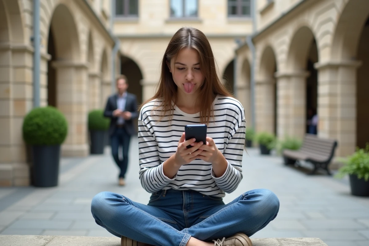 Étudiante récupérant son identifiant perdu de la messagerie académique depuis son smartphone sur un campus universitaire