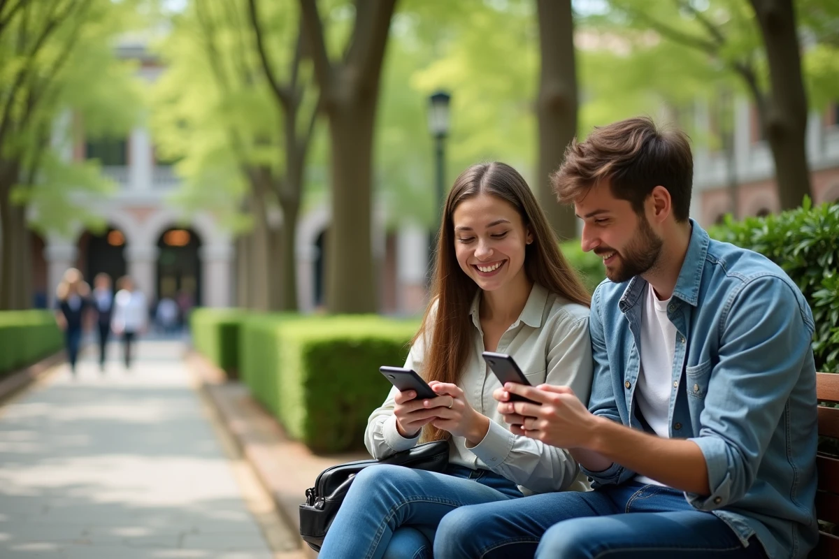 Deux étudiants consultant ensemble la configuration de l'ENT Unice sur smartphone en extérieur sur le campus