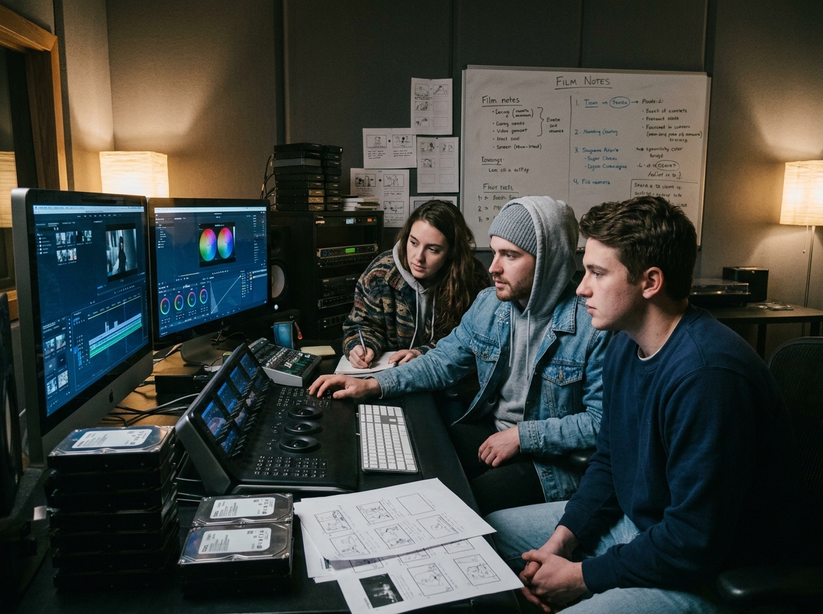 Étudiants en montage vidéo travaillant en équipe sur une station de post-production dans une école de cinéma