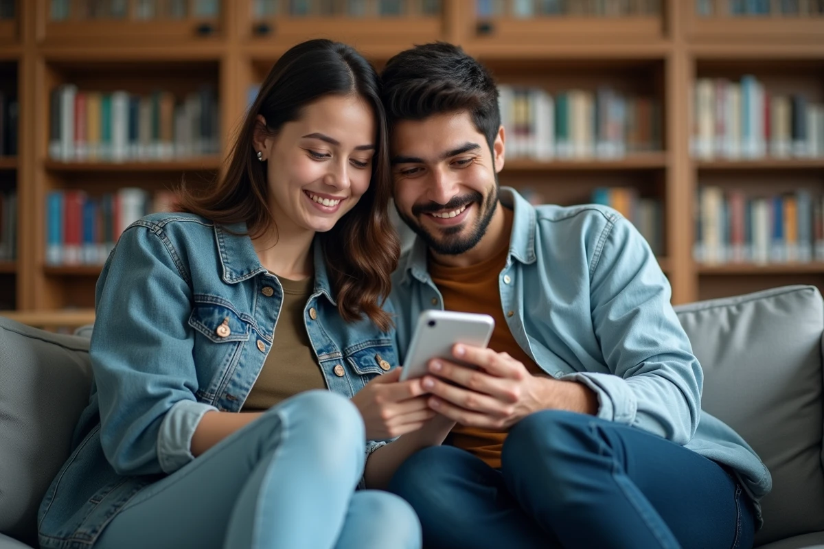 Deux étudiants partageant un cours Moodle UHA sur smartphone dans une bibliothèque universitaire