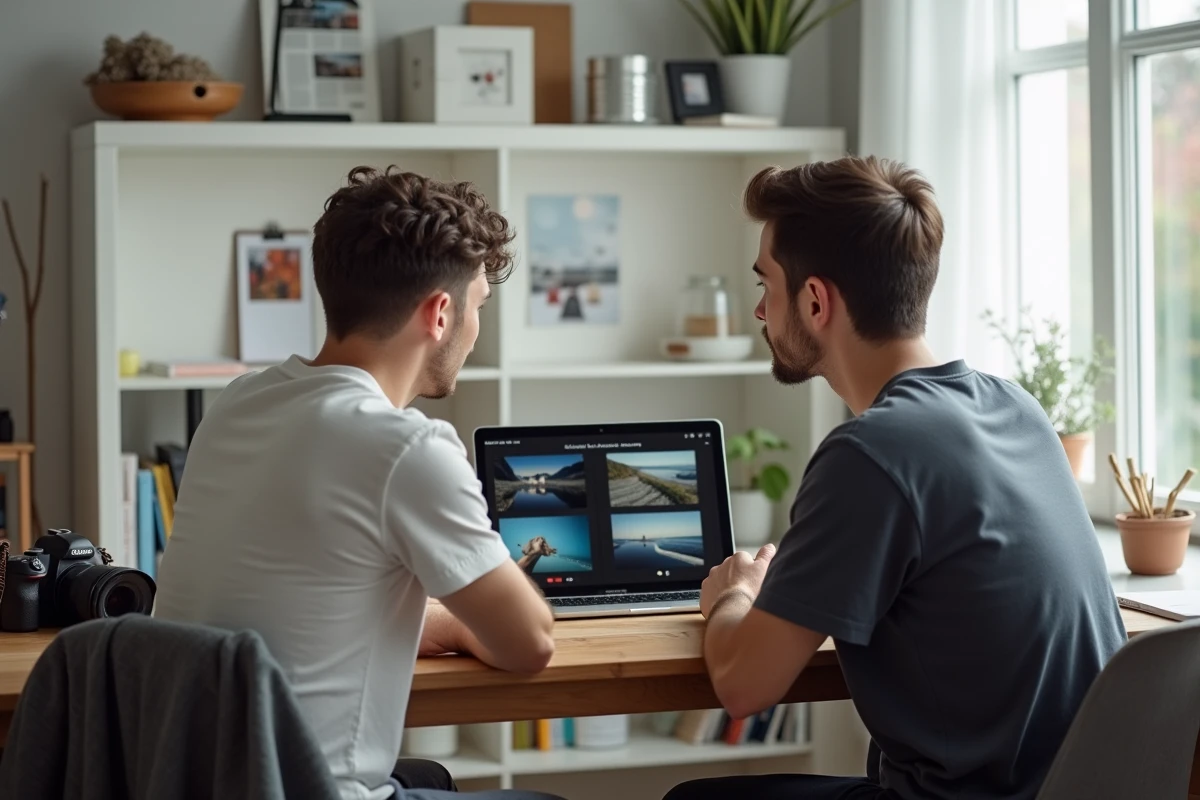 Deux étudiants en photographie analysant leurs erreurs sur un ordinateur portable dans un espace de travail à domicile, représentant l'apprentissage et la progression en cours de photo