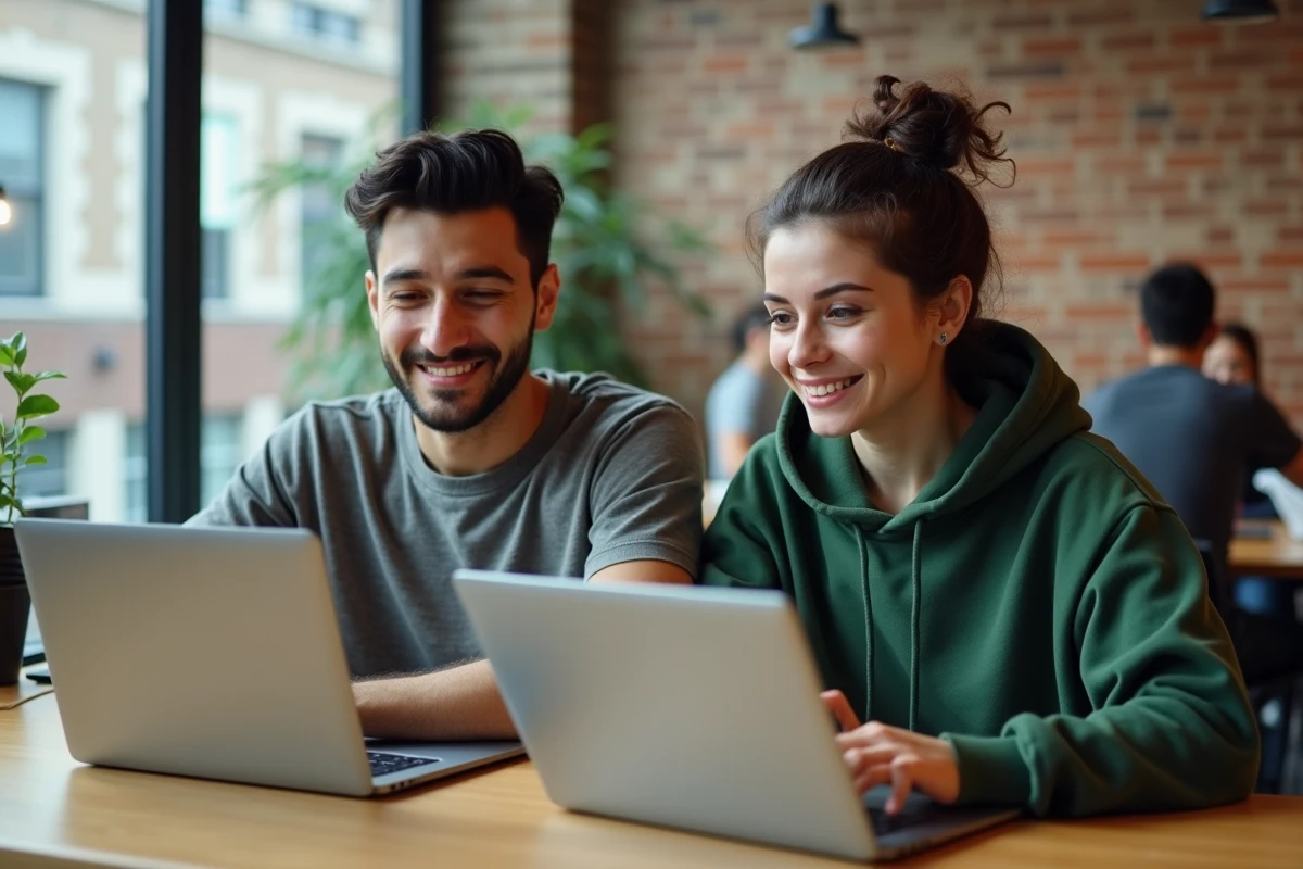 Deux étudiants préparant ensemble les tests d'entrée BTP en ligne dans un espace de travail collaboratif