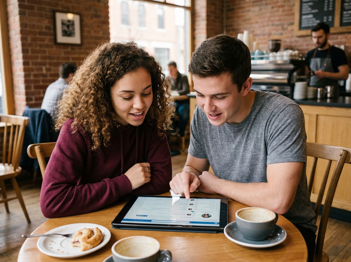 Deux étudiants collaborant pour trouver un stage sur une application de réseau professionnel dans un café