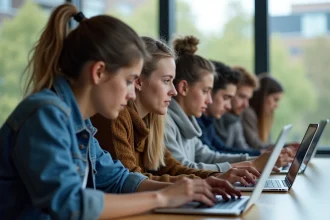 Groupe d'étudiants concentrés sur leurs ordinateurs dans une salle moderne