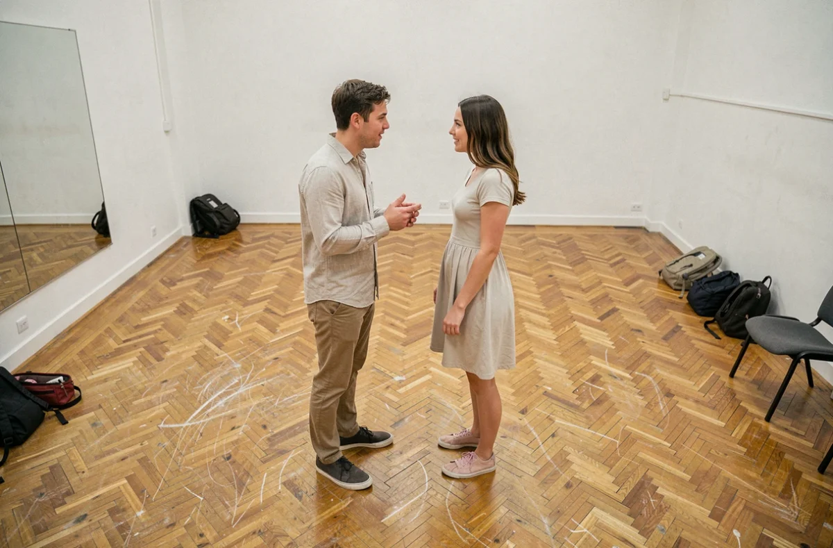 Deux jeunes comédiens en exercice de jeu scénique dans un studio de répétition pour préparer l'audition du Cours Florent