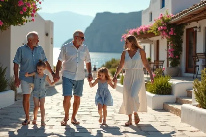 Famille grecque multigenerationnelle danse le sirtaki sur une terrasse ensoleillee