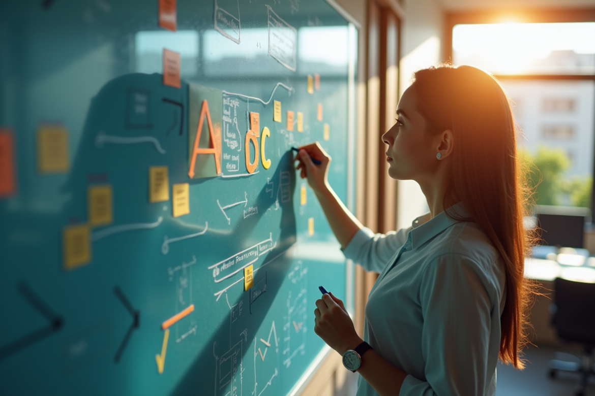 Femme d'affaires écrivant ABC sur un tableau blanc avec diagrammes