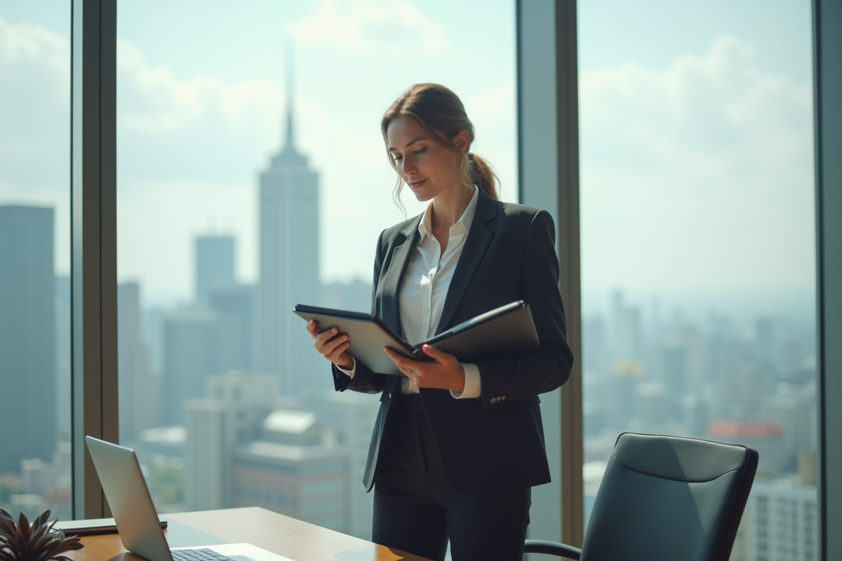 Femme d affaires regardant la ville depuis une fenêtre