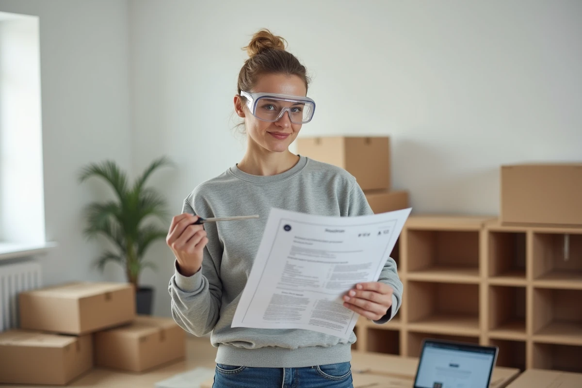Femme bricolant seule l'assemblage d'une étagère dans son nouvel appartement avec aide en ligne