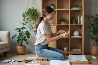 Femme en jeans assemble une étagère en bois dans un salon moderne