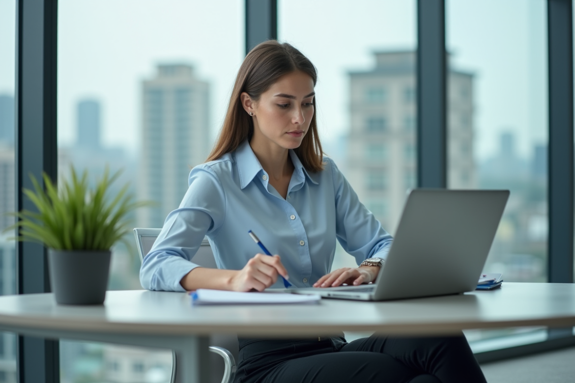 Femme professionnelle concentrée sur son ordinateur dans un bureau moderne