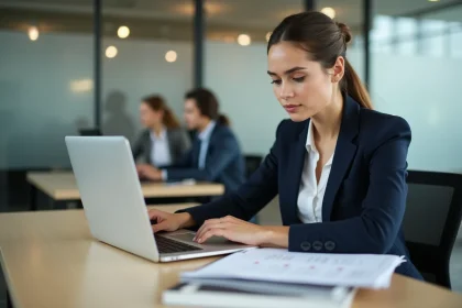 Femme en costume professionnel consulte des documents CPF 2025