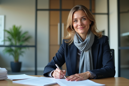 Femme en blazer bleu dans un bureau moderne en train d'écrire