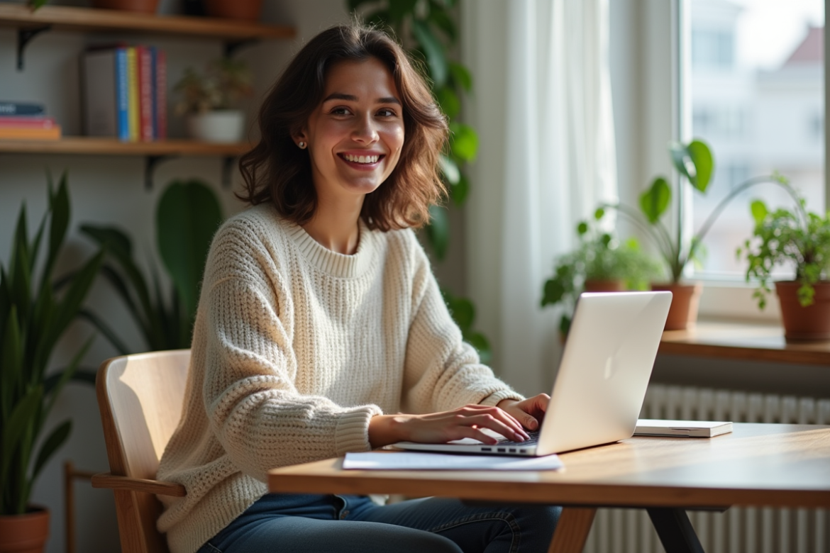 Femme souriante dans un bureau à domicile moderne