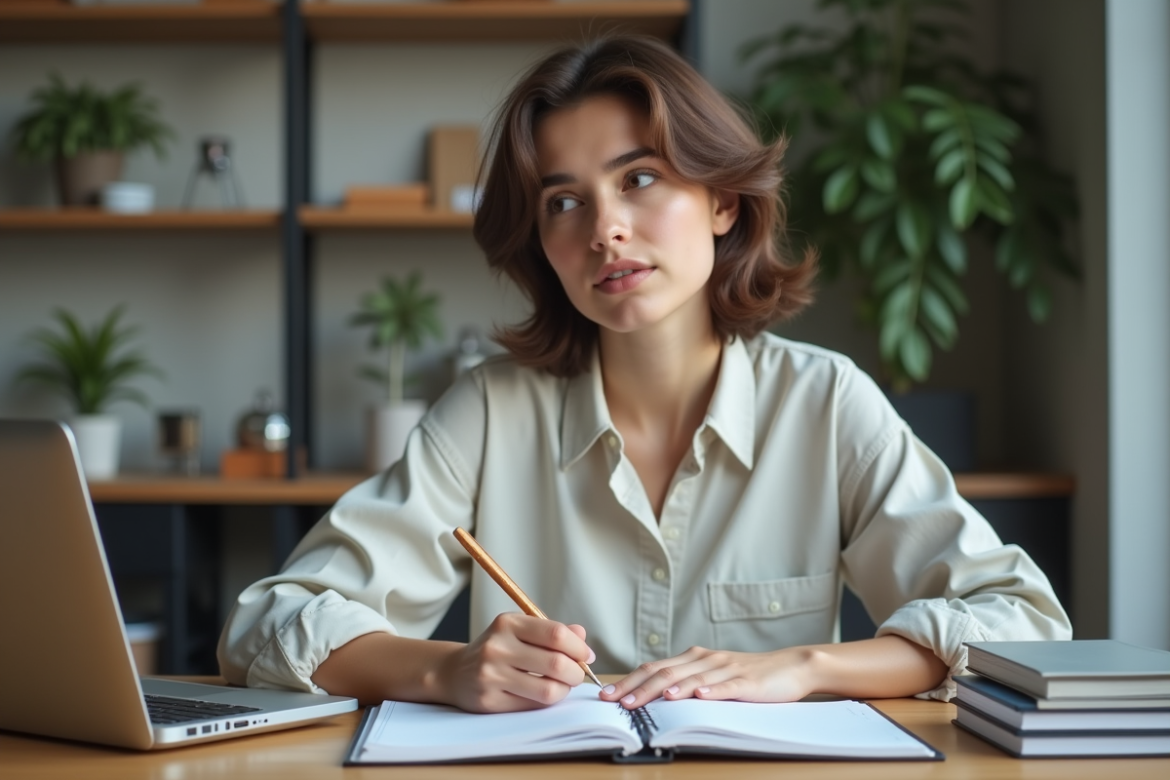 Jeune femme au bureau en pleine réflexion avec carnet