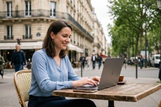 Femme assise au café parisien travaillant sur son ordinateur