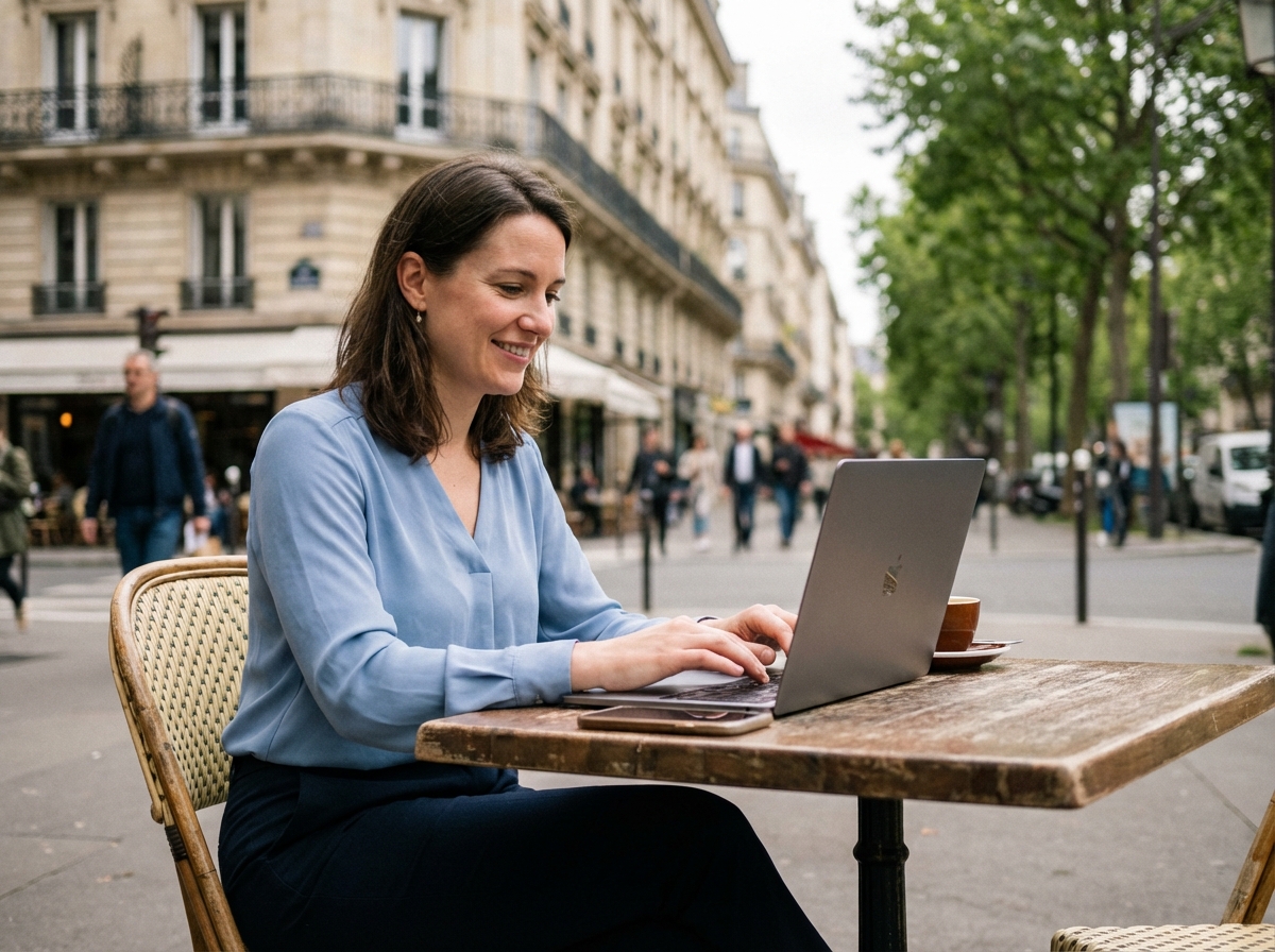 Femme assise au café parisien travaillant sur son ordinateur