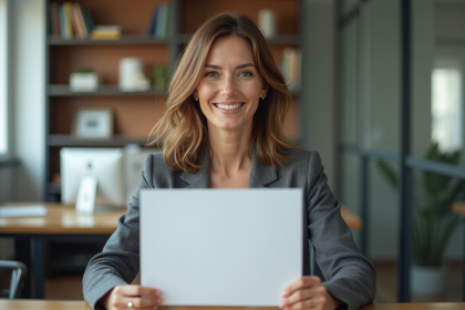 Femme souriante tenant un certificat dans un bureau moderne